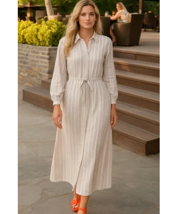 Kadın Uzun Kollu çizgi Detay Uzun Gömlek Elbise