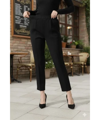 Kadın Uzun Kollu Dalıç Kumaş Cep Detay Beli Lastikli ütüsüz Pantolon