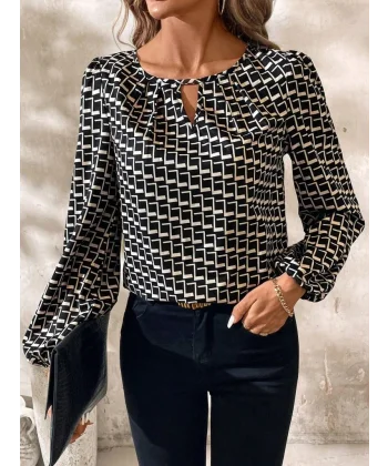 Kadın Uzun Kollu Damla Detaylı Yaka Desenli Süprem Bluz