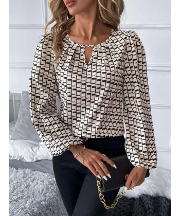 Kadın Uzun Kollu Damla Detaylı Yaka Desenli Süprem Bluz