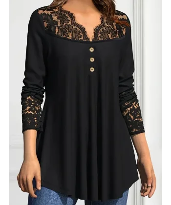 Kadın Uzun Kollu Dantel Detaylı Düğmeli Viskon Bluz