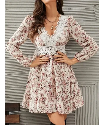 Kadın Uzun Kollu Dantel V Yakalı Mini Desenli Süprem Elbise