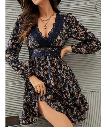 Kadın Uzun Kollu Dantel V Yakalı Mini Desenli Süprem Elbise