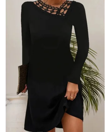 Kadın Uzun Kollu Dantel Yaka Ithal Krep Mini Elbise