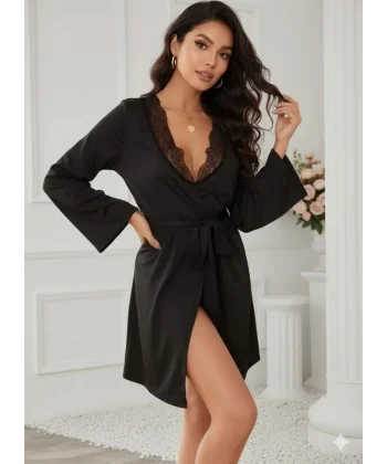 Kadın Uzun Kollu Dantel Yakalı Belden Kuşaklı Viskon Gecelik