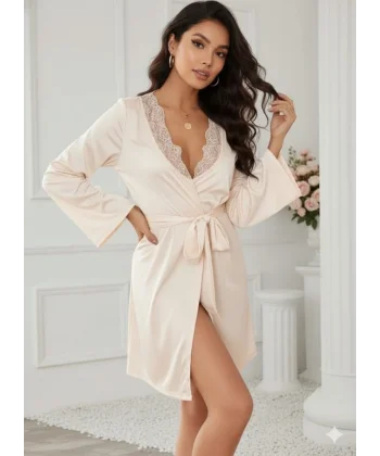 Kadın Uzun Kollu Dantel Yakalı Belden Kuşaklı Viskon Gecelik