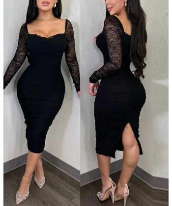 Kadın Uzun Kollu Dantelli Büzgü Detaylı Yırtmaçlı Midi Sandy Elbise