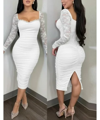 Kadın Uzun Kollu Dantelli Büzgü Detaylı Yırtmaçlı Midi Sandy Elbise