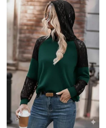 Kadın Uzun Kollu Dantelli Kapşonlu Viskon Iki Iplik Bluz