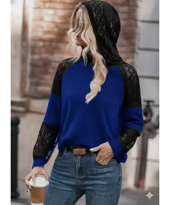 Kadın Uzun Kollu Dantelli Kapşonlu Viskon Iki Iplik Bluz