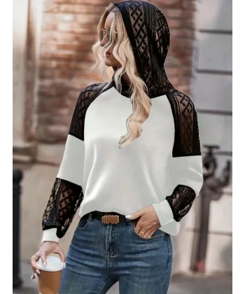 Kadın Uzun Kollu Dantelli Kapşonlu Viskon Iki Iplik Bluz