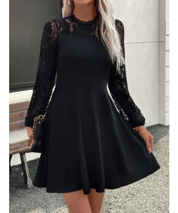 Kadın Uzun Kollu Dantelli Kloş Mini Ithal Krep Elbise