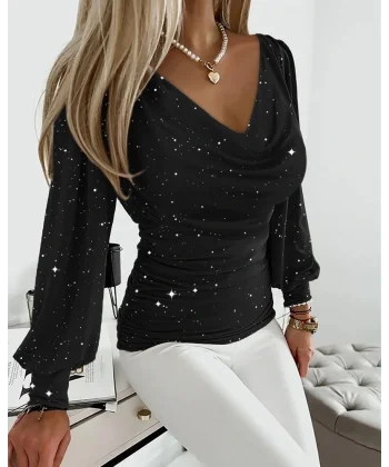 Kadın Uzun Kollu Degaje Yaka Taşlı Sandy Bluz