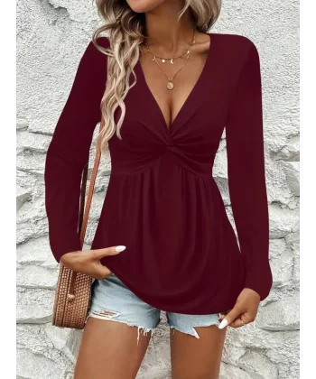 Kadın Uzun Kollu Dekolteli Sarmal Detaylı Viskon Bluz