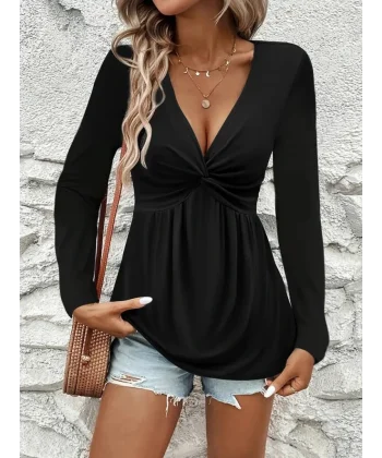 Kadın Uzun Kollu Dekolteli Sarmal Detaylı Viskon Bluz