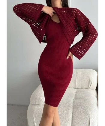 Kadın Uzun Kollu Delikli Kazak Askılı Elbise Triko Ikili Takım