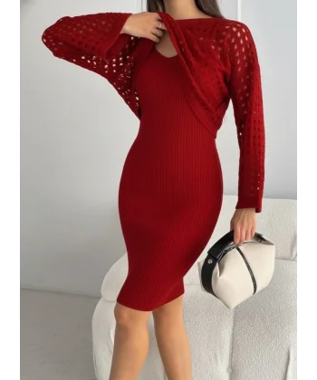 Kadın Uzun Kollu Delikli Kazak Askılı Elbise Triko Ikili Takım