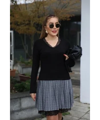 Kadın Uzun Kollu Denteli Yaka Ekose Etek Detay Diz üstü Elbise