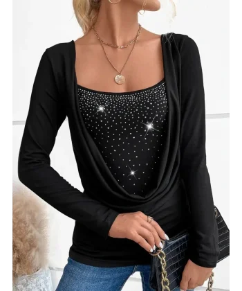 Kadın Uzun Kollu Derin Degaje Yakalı Taşlı Sandy Bluz