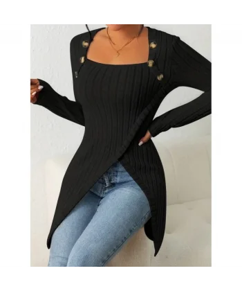 Kadın Uzun Kollu Derin Kare Yaka Düğme Detay şardonlu Kaşkorse Kruvaze Bluz