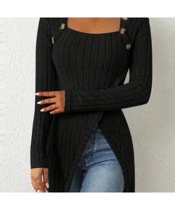 Kadın Uzun Kollu Derin Kare Yaka Düğme Detay şardonlu Kaşkorse Kruvaze Bluz