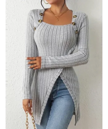 Kadın Uzun Kollu Derin Kare Yaka Düğme Detay şardonlu Kaşkorse Kruvaze Bluz