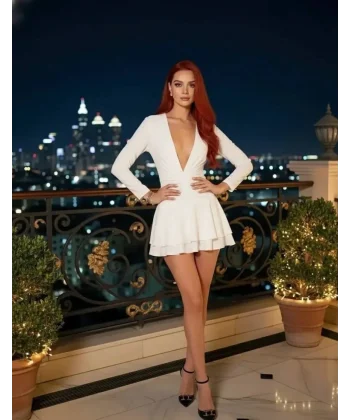 Kadın Uzun Kollu Derin V Dekolte Ve Ek Volan Detay Toparlayıcı şortlu Elbise