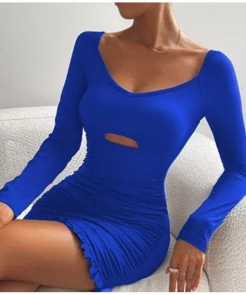 Kadın Uzun Kollu Derin V Yaka Göğüs Altı Dekolte Detay Etek Ucu Fırfırlı Sandy Mini Boy Elbise