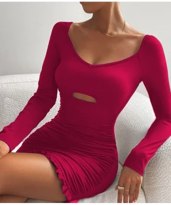 Kadın Uzun Kollu Derin V Yaka Göğüs Altı Dekolte Detay Etek Ucu Fırfırlı Sandy Mini Boy Elbise