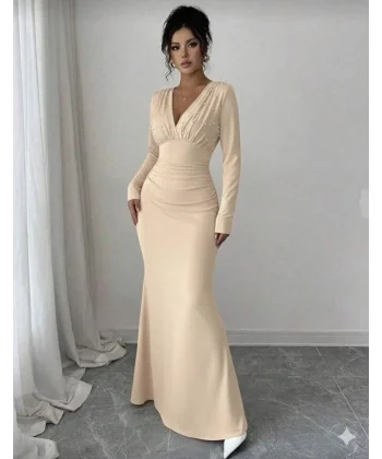 Kadın Uzun Kollu Derin V Yaka Inci Detay Maxi Boy Elbise