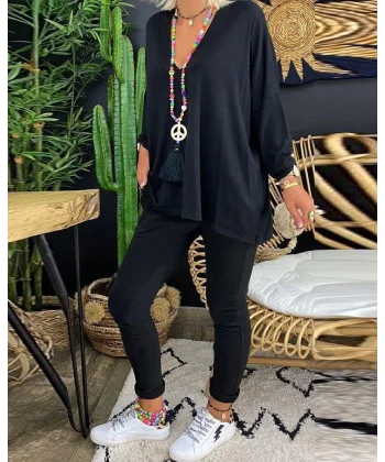 Kadın Uzun Kollu Derin V Yaka ön Kısa Arka Uzun Viskon Bluz