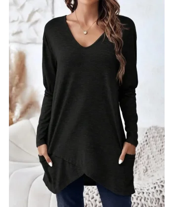 Kadın Uzun Kollu Derin V Yakalı Asimetrik Kesim Cepli Detay Yün Viskon Iki Iplik Bluz