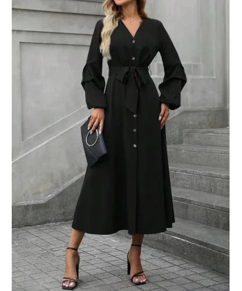 Kadın Uzun Kollu Derin V Yakalı Belden Kuşaklı önden Düğmeli Janjan Krep Elbise