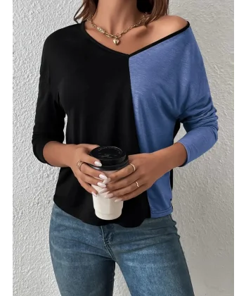 Kadın Uzun Kollu Derin V Yakalı Blok Renkli Viskon Bluz