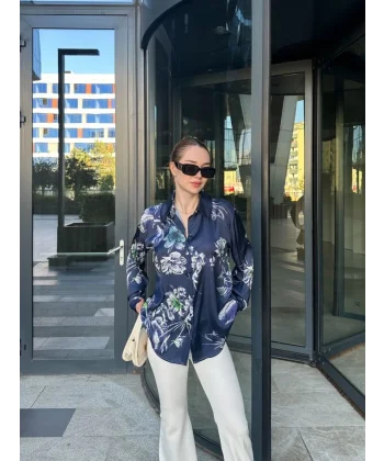 Kadın Uzun Kollu Dijital Baskılı Salaş Saten Gömlek