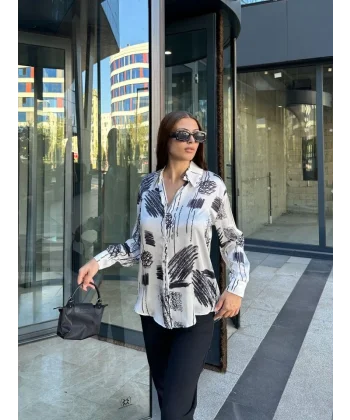 Kadın Uzun Kollu Dijital Baskılı Salaş Saten Gömlek