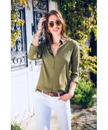 Kadın Uzun Kollu Dokuma Kumaş Klasik Gömlek
