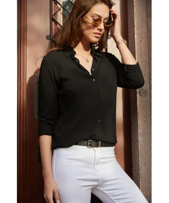 Kadın Uzun Kollu Dokuma Kumaş Klasik Gömlek