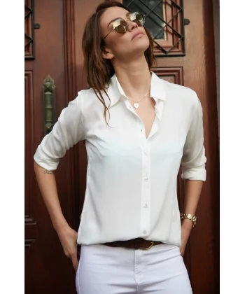 Kadın Uzun Kollu Dokuma Kumaş Klasik Gömlek
