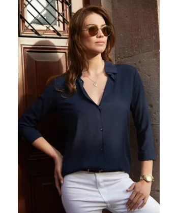 Kadın Uzun Kollu Dokuma Kumaş Klasik Gömlek