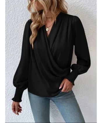 Kadın Uzun Kollu Dökümlü Kruvaze Yaka Kol Ucu Gipeli Sandy Bluz