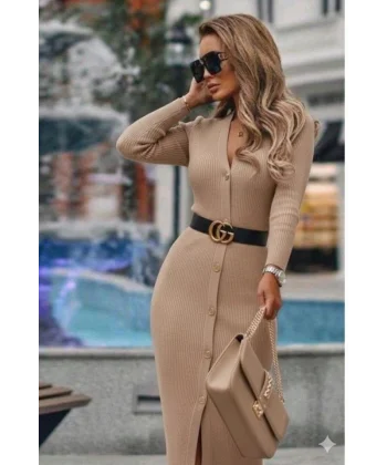 Kadın Uzun Kollu Düğme Detay örme Kaşkorse Kumaş Kemer Dahil Maxi Boy Elbise