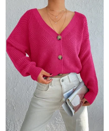 Kadın Uzun Kollu Düğme Detay Triko Hırka