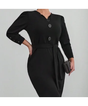 Kadın Uzun Kollu Düğme Detaylı Kendinden Kemerli Ithal Krep Elbise