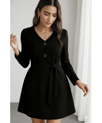 Kadın Uzun Kollu Düğme Detaylı Kendinden Kemerli Ithal Krep Elbise