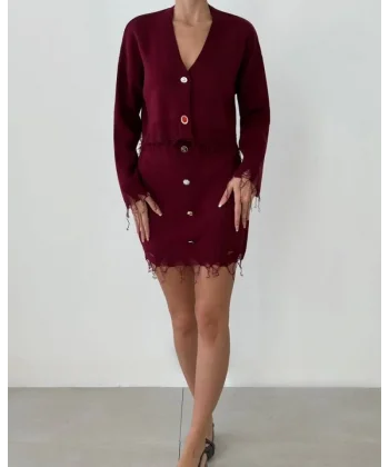 Kadın Uzun Kollu Düğme Ve Eskitme Detay Hırka Ve Mini Etek Ikili Takım