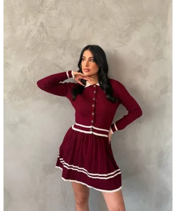 Kadın Uzun Kollu Düğme Ve Ribana Detay Triko Hırka Ve şerit Detay Pileli Etek Ikili Takım