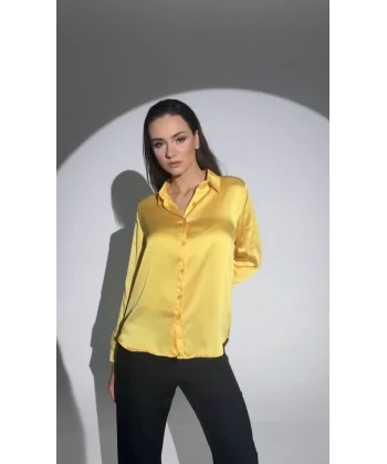Kadın Uzun Kollu Düğmeli Buluz Gömlek - Sarı