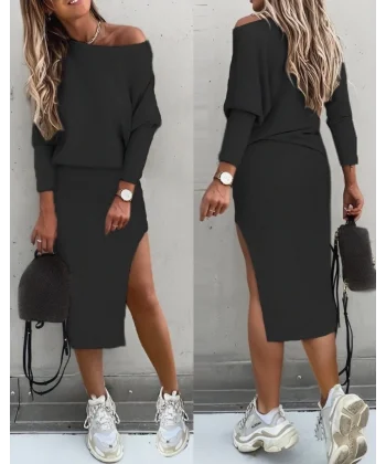 Kadın Uzun Kollu Düşük Omuz Yırtmaç Detay Kaşkorse Etek Bluz Ikili Takım