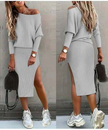 Kadın Uzun Kollu Düşük Omuz Yırtmaç Detay Kaşkorse Etek Bluz Ikili Takım